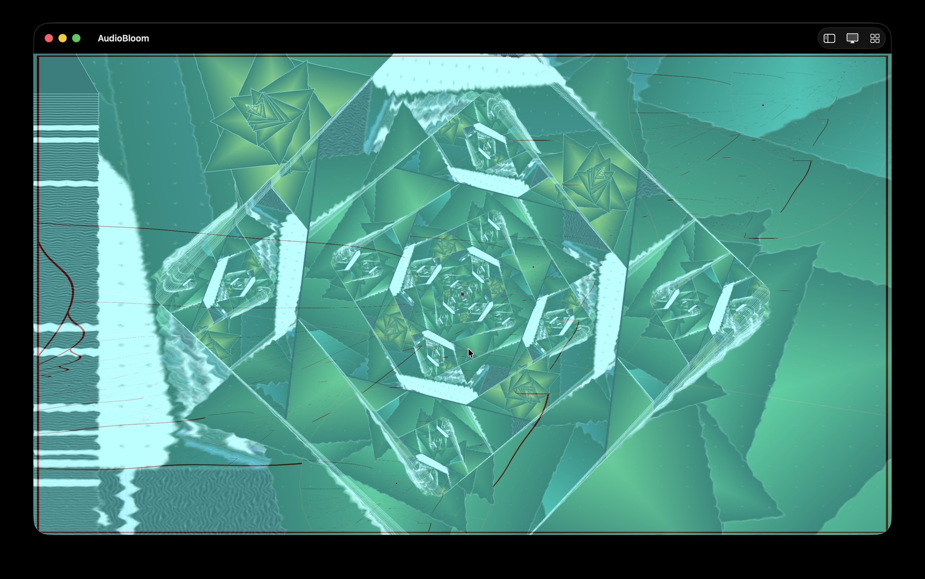 A second AudioBloom live visual frame with layered geometric Milkdrop imagery