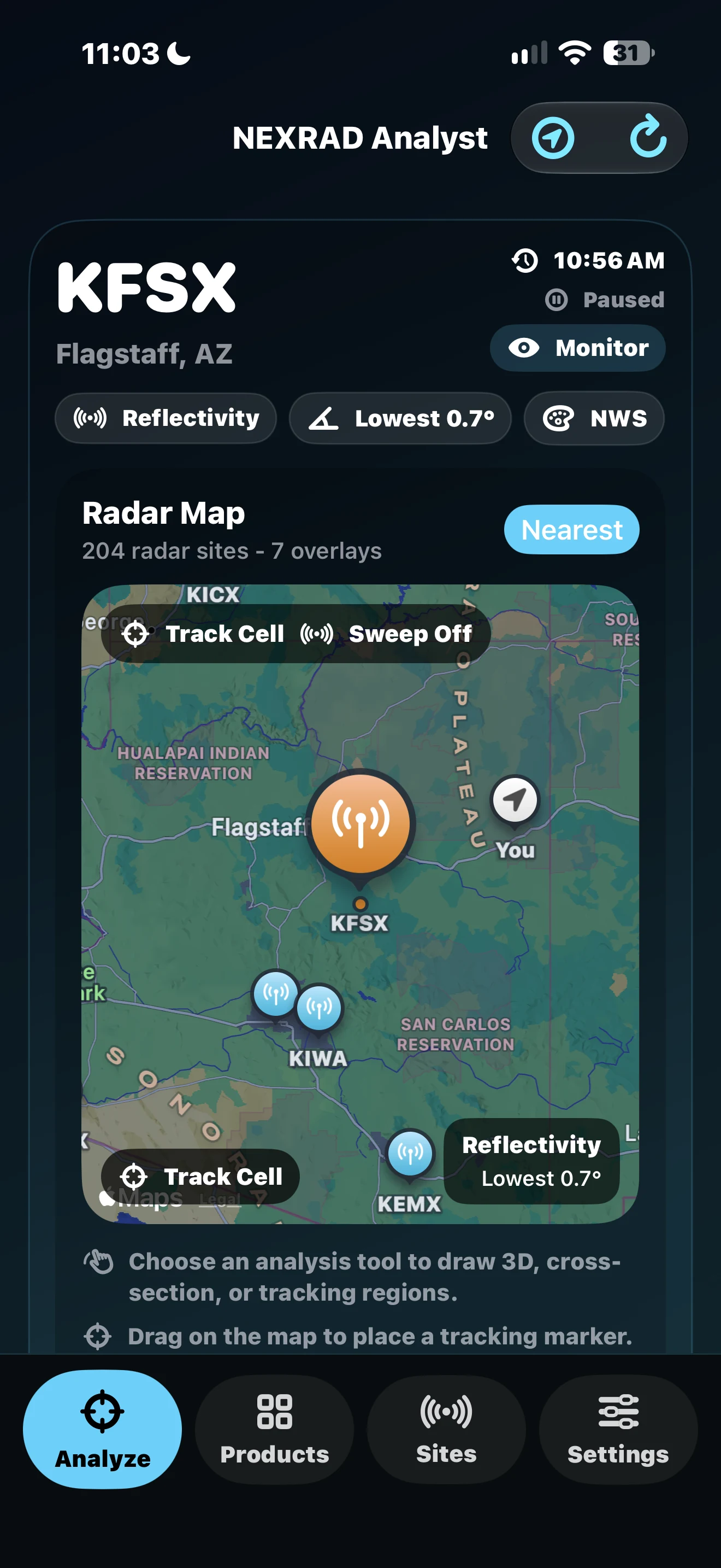 iPhone Analyze screen with KFSX site details, reflectivity map, product controls, and four navigation tabs.