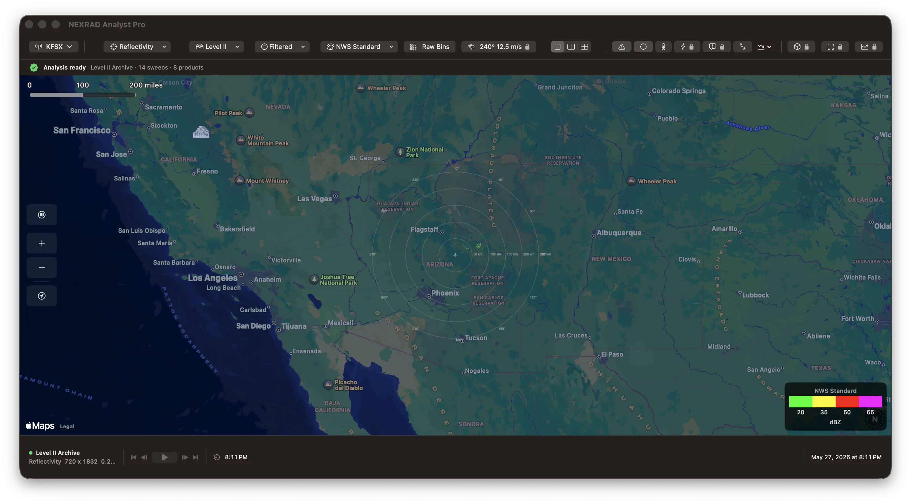 NEXRAD Analyst Pro Mac workspace showing the KFSX reflectivity archive, radar product controls, range rings, palette legend, and scan timeline.