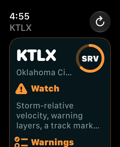 Apple Watch companion displaying KTLX site and storm-relative velocity context.