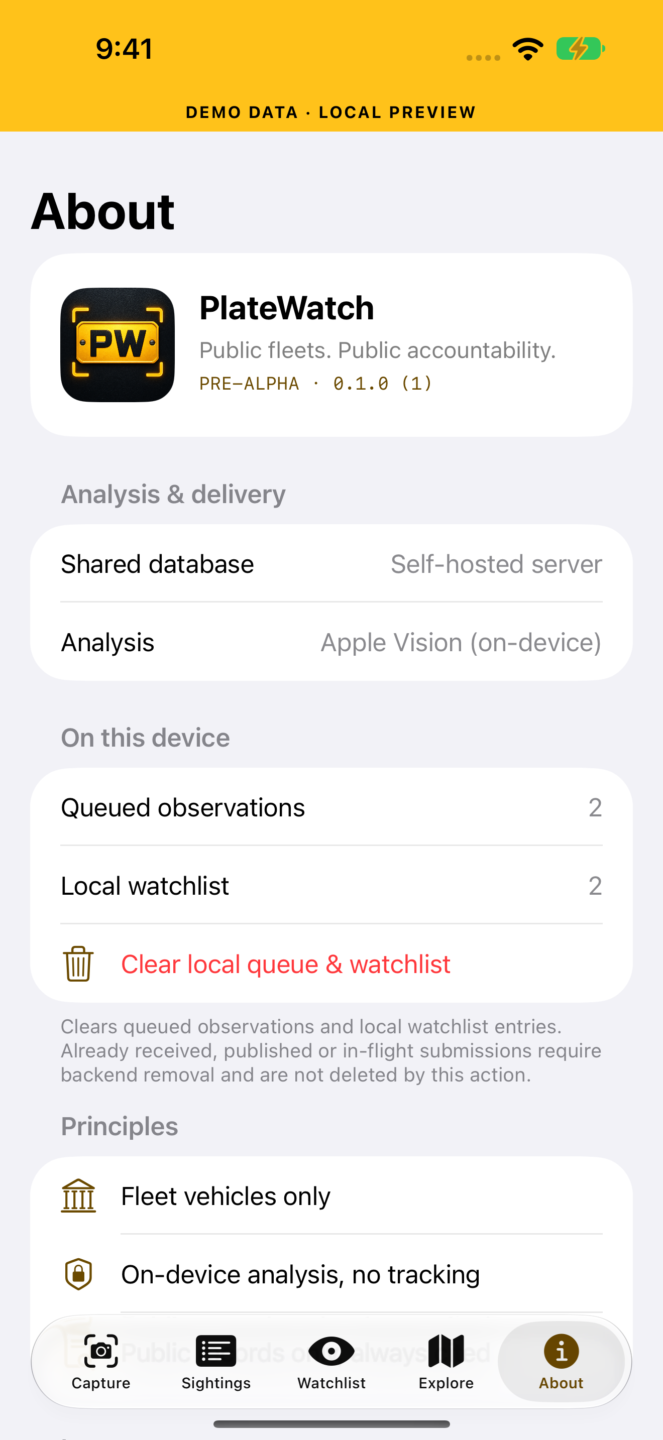 About PlateWatch with on-device analysis information and local queue and watchlist cleanup