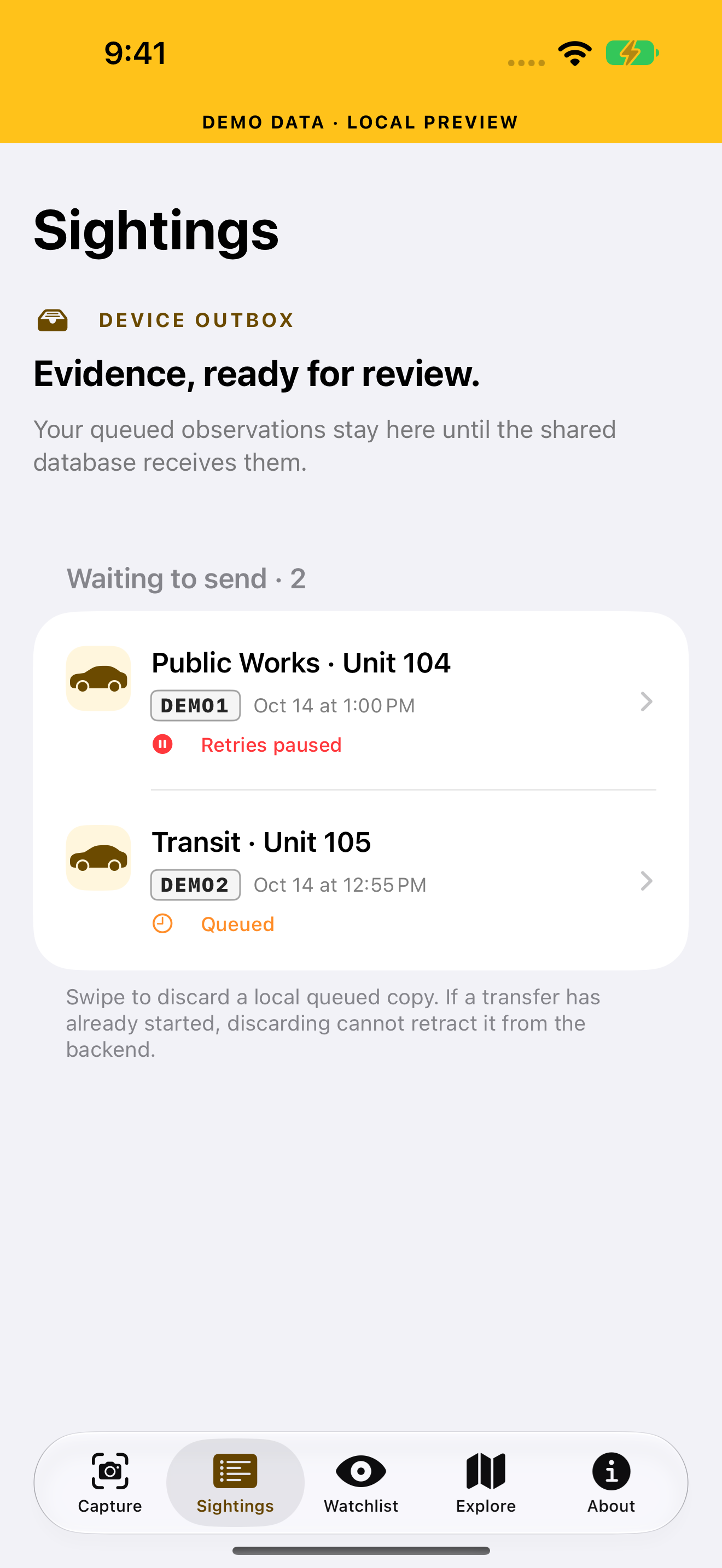 PlateWatch Sightings outbox with two synthetic fleet observations, including paused delivery retries