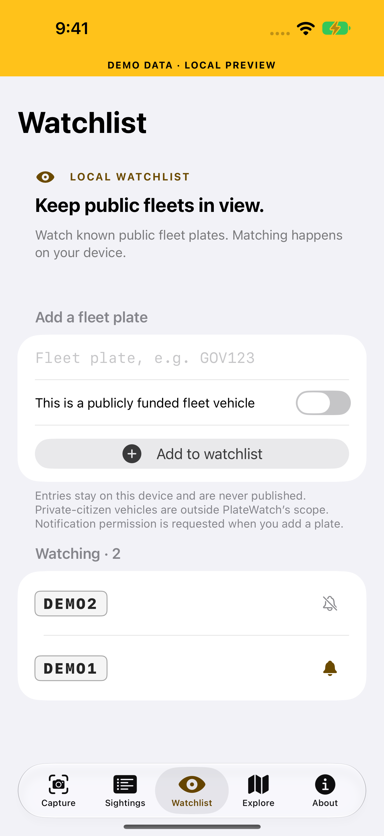 Local fleet watchlist with validation, public-fleet attestation and notification controls