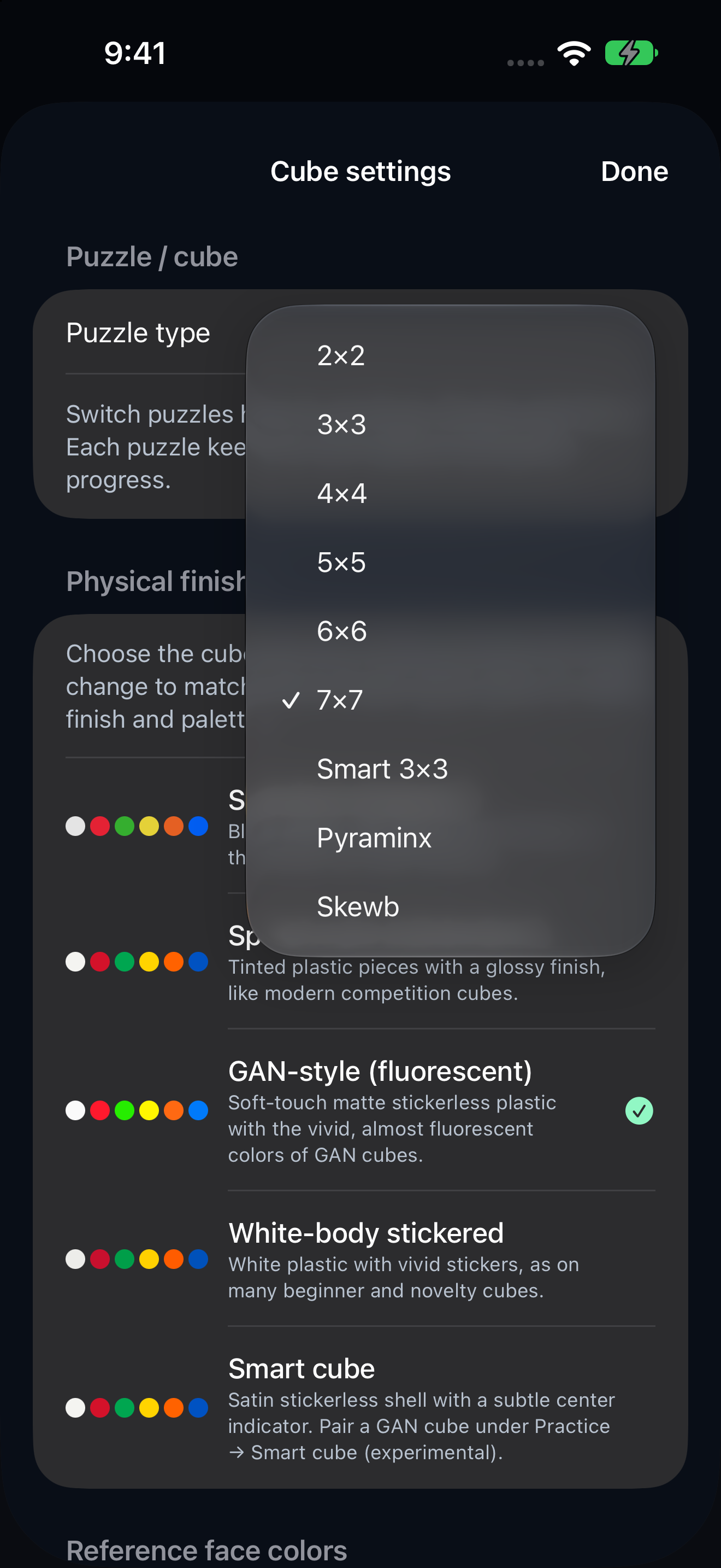 Updated Settings picker brings 2×2–7×7, Smart 3×3, Pyraminx and Skewb into the main Solve screen.