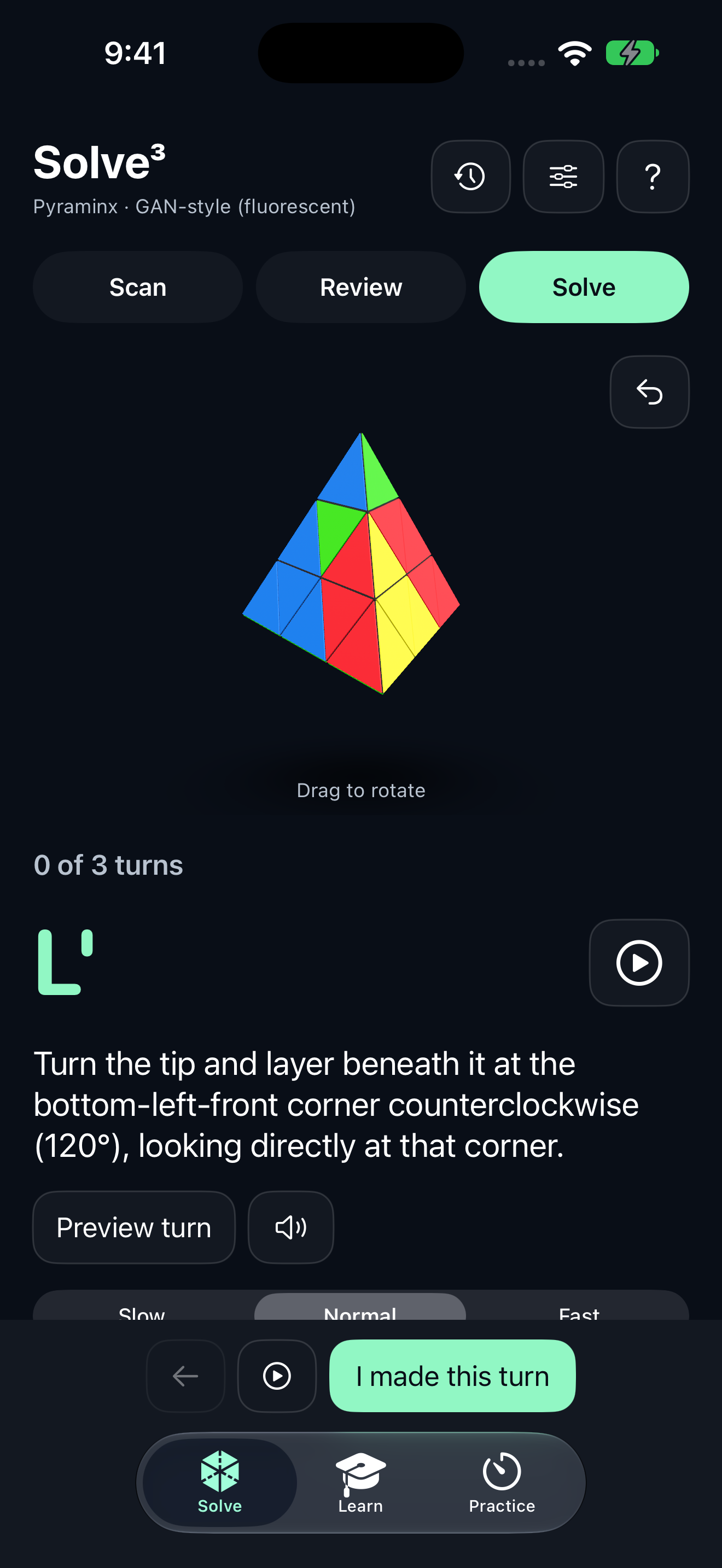 Actual updated iPhone app: Pyraminx, a corner-turn instruction and the I made this turn control.