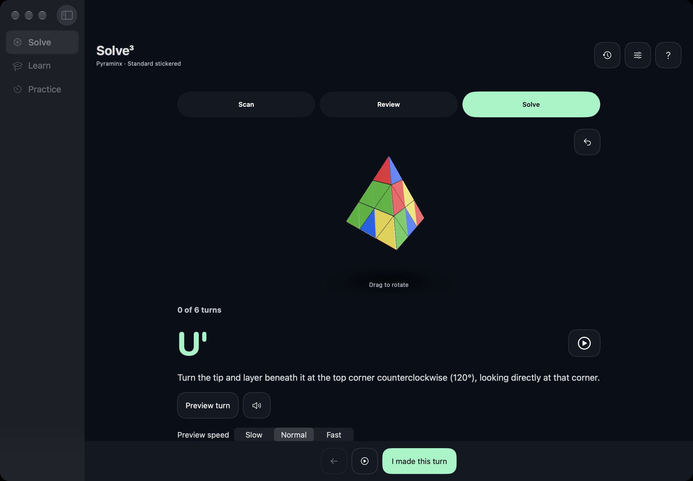 Actual updated Mac app showing the Pyraminx guide and animated-turn preview controls.