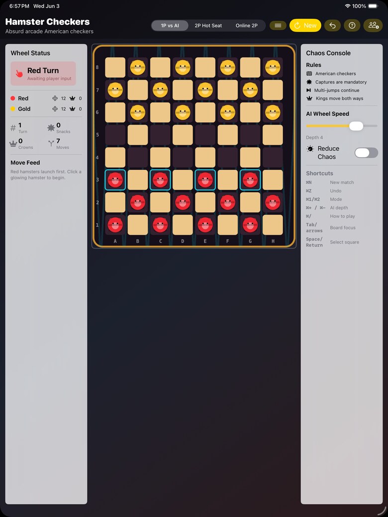 Hamster Checkers gameplay on iPad with full board, status panel, and chaos console.