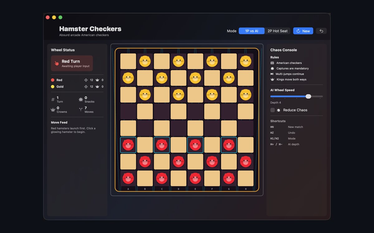 Hamster Checkers mode menu and board on macOS.
