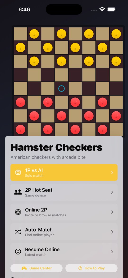 Hamster Checkers start screen on iPhone with mode buttons for AI, hot seat, online, and Game Center.