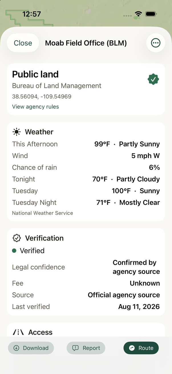 Site detail showing Bureau of Land Management status, a National Weather Service forecast, and verification information.